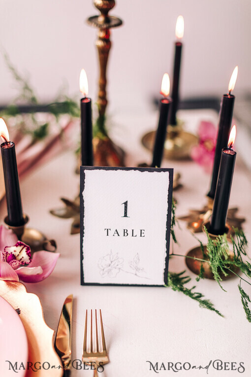 TISCHDEKORATIONSCHILDER   romantisch Gotische Schwarz-Und-Weiß-Hochzeits-Tischkarten, Minimalistische Hochzeits-Tischkarten, Elegante Rosenblüten-Hochzeitsdekoration, Florale Boho-Hochzeitsstationery mit gezacktem Rand