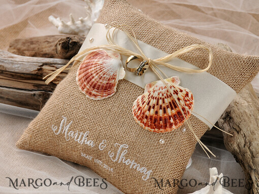 RINGTRÄGERBOXEN & KISSEN Boho Rustikales Ringkissen Strand Muscheln Hochzeitsring Kissen • Individuelles Jutekissen für den Ringträger am Strand • Individueller Ringträger am Strand