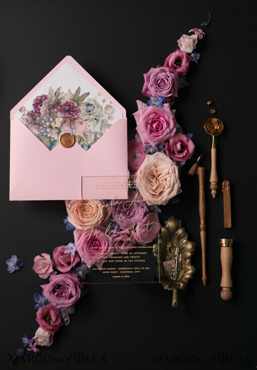HOCHZEITS EINLADUNGEN Elegante Einladungen Klassische Karten Vintage Blumenhochzeitseinladung Suite, Luxus Acryl Plexi Hochzeitseinladungen, Romantische Rosa Hochzeitseinladungen, Glamour Goldene Hochzeitsstationery
