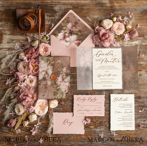HOCHZEITS EINLADUNGEN Elegante Einladungen Klassische Karten Elegante Vintage-Hochzeitseinladungen, romantische blassrosa Hochzeitseinladungen, luxuriöse Ölgemälde-Hochzeitskarten, handgefertigte Vellum-Hochzeitseinladungssuite.
