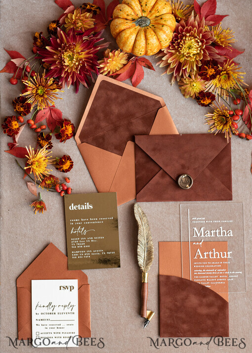 HOCHZEITS EINLADUNGEN Gold / Roségold / Silber / Glitzer Maßgeschneiderte Terrakotta-Hochzeitseinladungen, Boho Pocket Acryl-Hochzeitseinladungen, Rust- und Goldsammlung aus Samt-Hochzeitseinladungen, Burnt Orange Hochzeitseinladungen.