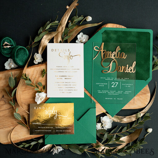 HOCHZEITS EINLADUNGEN Gold / Roségold / Silber / Glitzer Goldene grüne Acrylhochzeitskarten, Glamour-Velours-Hochzeitseinladungsset • Goldene Grüner Hochzeitsstationery • Luxuriöse smaragdgrüne Hochzeitseinladungen