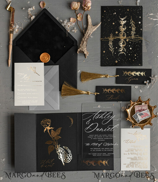 HOCHZEITS EINLADUNGEN Gold / Roségold / Silber / Glitzer Halloween-Mondphasen-Hochzeitseinladungen-Set, schwarze Einladungen, gruselige Halloween-Einladungen, gothische Hochzeitseinladungskarten, Skelett-Hochzeitsset in Schwarz und Gold.