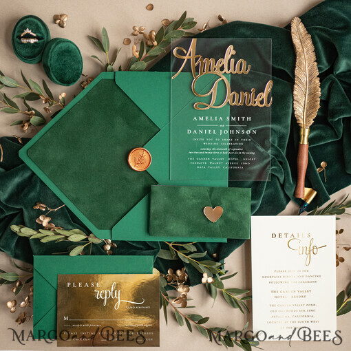 HOCHZEITS EINLADUNGEN Gold / Roségold / Silber / Glitzer Maßgefertigte Acryl-Gold-Hochzeitseinladung, Luxus-Velours-Hochzeitseinladungen • Glamour-Hochzeitseinladung-Set • 3D-Gold-Hochzeitskarten