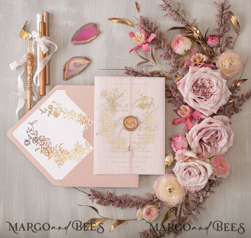 HOCHZEITS EINLADUNGEN Gold / Roségold / Silber / Glitzer Glamour Goldener Glanz Hochzeitskarten, Romantische Blush-Pink Hochzeitskarte Suite, Luxuriöse Goldfolien-Hochzeitskarten, Elegante weiße Vellum-Einladungen.
