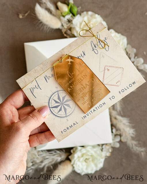 DATEN MERKEN Strand-Reise-Magnete Gold Save the Date Acryl-Tag Magnet und Karte, Reise Gold Tag Hochzeit Save The Dates Acrylmagnete, Save The Date Karten