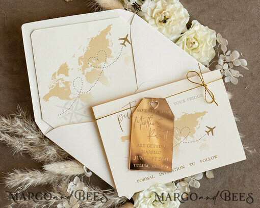 DATEN MERKEN Strand-Reise-Magnete Personalisierte Reise Save the Date Acryl-Tag Magnet und Karte, Gold Tag Hochzeit Save The Dates Acrylmagnete, Save The Date Karten