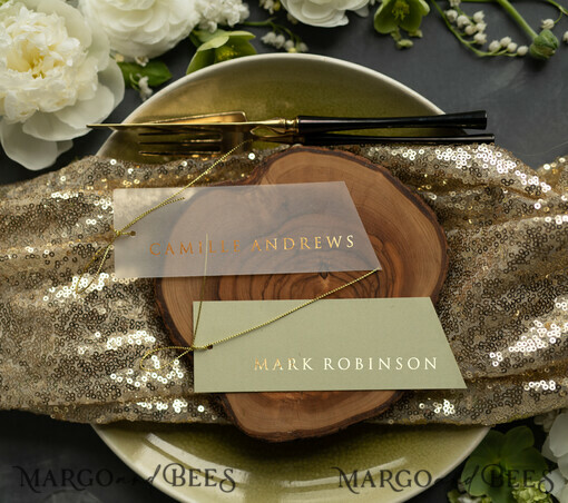 PLATZKARTEN / TISCHKARTEN  
 Luxus Premium Glitzer/ Gold/ Silber/ Roségold Minimalistische geometrische grüne Hochzeitsplatzkarten, zarte transparente Vellum-Hochzeitsnamensschilder mit goldener Schnur, moderne Hochzeitsstationery, individuelle Tischkarten.