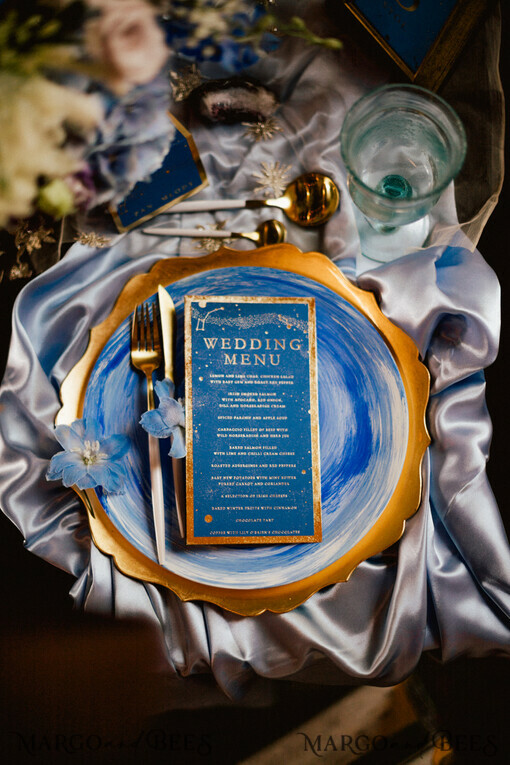 MENÜ & PROGRAMME  
 Glitzer/ Luxus Premium Luxuriöses Golden Shine Hochzeitsmenü, königsblaue Hochzeitsmenükarten, Glamour Goldfolien Hochzeitsmenü, elegantes, maßgeschneidertes Galaxienmenü, Sternenmenü, marineblaues Menü