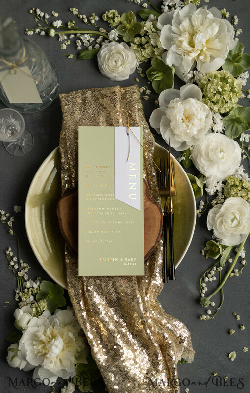 MENÜ & PROGRAMME  
 Glitzer/ Luxus Premium Luxuriöse maßgeschneiderte Goldfolien-Hochzeitsmenü, elegante salbeigrüne Hochzeitsmenü-Karten, glamouröses grünes goldenes Dinner-Menü, geometrisches Hochzeitsmenü mit goldenem Bindfaden.