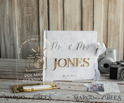 HOCHZEITS-GÄSTEBÜCHER Instax Sofortbildbuch Reines Weißes Gold-Acryl-Hochzeitsgästebuch mit personalisiertem Unterschriften-Set, Samtweißes Sofortfoto-Buch Boho Elegante Instax Hochzeitsfoto-Gästebuch