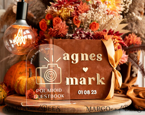 HOCHZEITS-GÄSTEBÜCHER Instax Sofortbildbuch Fall Terracotta Gold Acryl Hochzeits-Gästebuch personalisiert und Unterschrift-Set, Samt Rost Sofortbildbuch Boho Elegant Instax Hochzeitsfotos Gästebuch