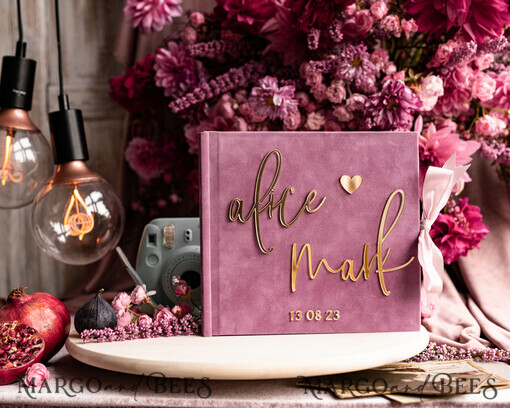 HOCHZEITS-GÄSTEBÜCHER Instax Sofortbildbuch Mauve Gold Acryl Hochzeitsgäste Buch Personalisiert, Samt Staubrosa Sofortbildbuch Boho Elegant Instax Hochzeitsfoto Gästebuch
