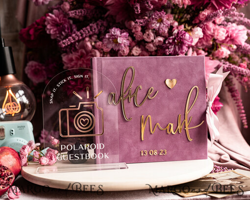 HOCHZEITS-GÄSTEBÜCHER Instax Sofortbildbuch Mauve Gold Acryl Hochzeitsgäste Buch Personalisierte und Signatur Set, Velours Staubige Rose Sofortbildbuch Boho Elegante Instax Hochzeitsfoto Gästebuch