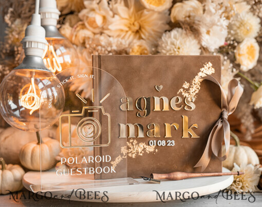 HOCHZEITS-GÄSTEBÜCHER Instax Sofortbildbuch Herbst beige Gold Acryl Hochzeitsgästebuch personalisiert und Acrylschild-Set, Tan Taupe Samt Sofortbildbuch Boho Elegant Instax Hochzeitsfotogästebuch, Erdtönige Acryl Instax Gästebuchschild, Neutraler Samt Fotobuch.