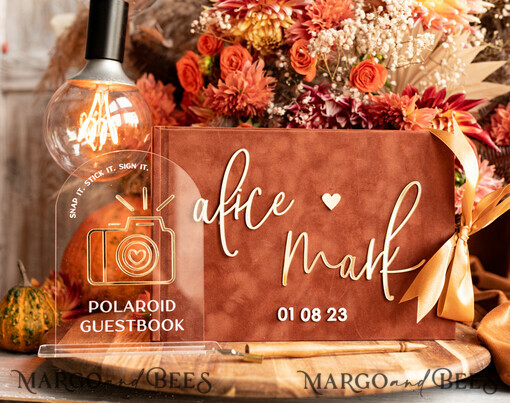 HOCHZEITS-GÄSTEBÜCHER Instax Sofortbildbuch Fall Terracotta Gold Acryl Hochzeitsgästebuch personalisiert und Signaturset, Velvet Rust Sofortbildbuch Boho Elegant Instax Hochzeitsfoto Gästebuch