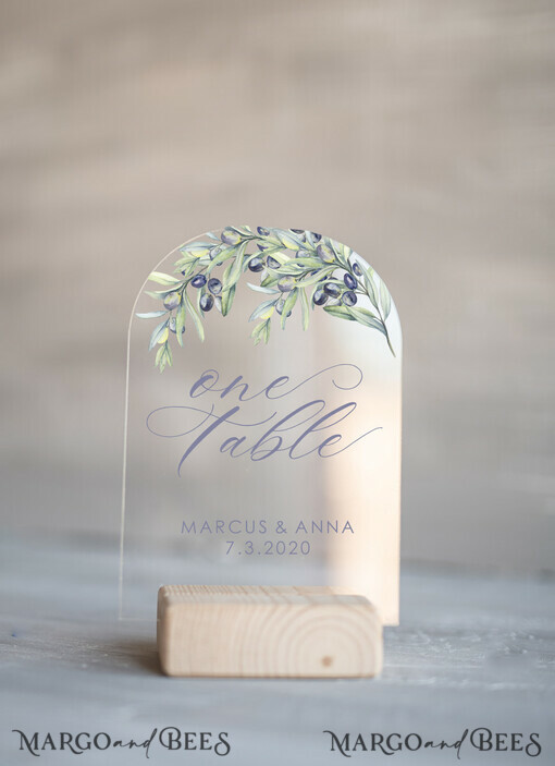 TISCHDEKORATIONSCHILDER   Acryl Tischdekoration Zahlen Arch Olive Acryl Tischnummern, Toskana Oliven Hochzeits Tischnummern, transparente Hochzeits Tischnummern mit Stand, perfekt für Toskana Hochzeiten, bearbeitbarer Text.