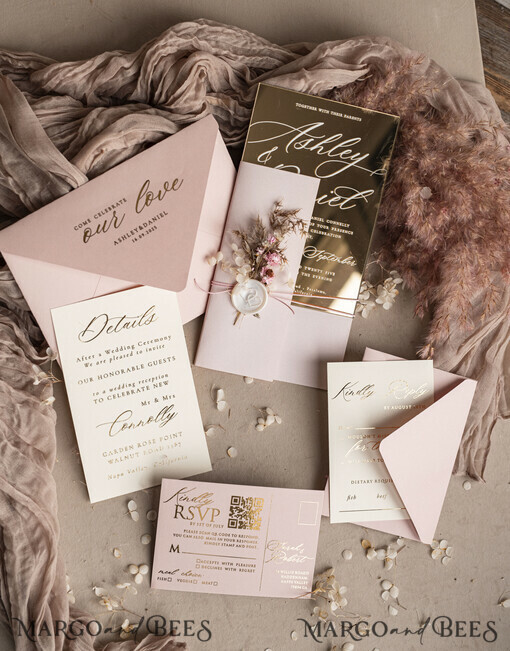 PROBENNEHMESERVICE
 Muster
 Beispiel Luxus Spiegel goldene Hochzeitskarten, elegante Blush Pink Hochzeitskarten, glamouröse Acryl Hochzeits Einladungen, klare Plexi Hochzeits Einladung Suite.