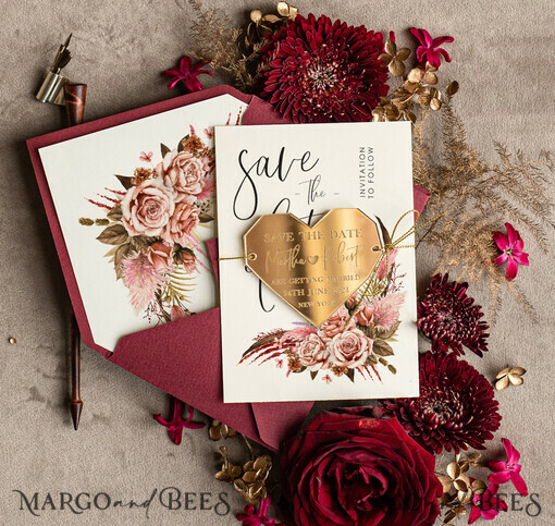 DATEN MERKEN Acrylgoldmagnete Personalisierter Save the Date Herzmagnet und Karte, Burgunder Elegante Hochzeits Save The Dates Acryl Gold Herz