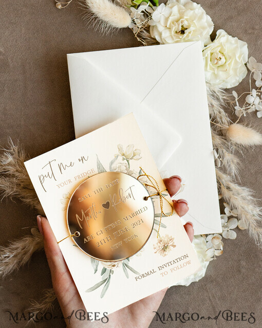 DATEN MERKEN Acrylgoldmagnete Personalisierte Gold-Acryl-Kreis Save the Date Magnet und Karte, elfenbeinfarbene Hochzeits-Save-the-Dates Plexi-Magnete, Hochzeits-Boho Save the Date Karten