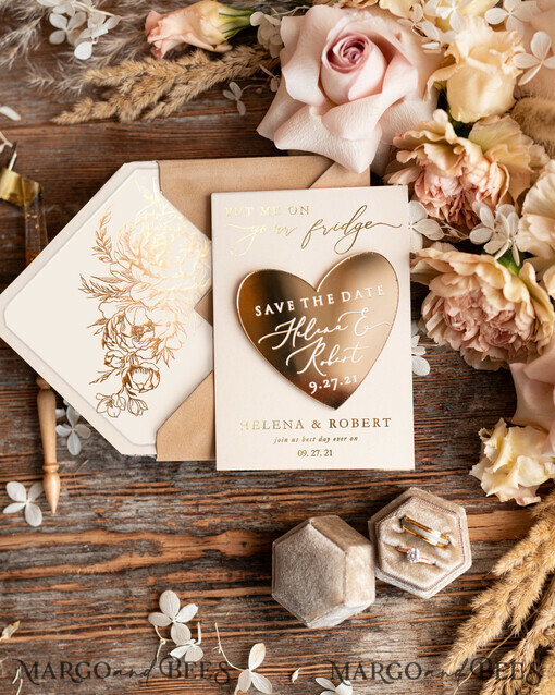 DATEN MERKEN Acrylgoldmagnete Acryl-Goldspiegel Save The Date Magnete, Samt Save the Date Karten Herzmagnete, Goldfolien Hochzeits Save the Date Karten goldene Herzmagnete