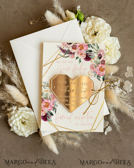 DATEN MERKEN Acrylgoldmagnete Personalisierte goldene Acrylherz Save the Date Magnet und Karte, elfenbeinfarbene Hochzeit Save The Dates Plexi-Magnete, Hochzeit Boho Save The Date Karten