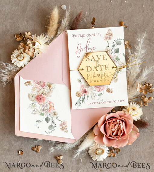 DATEN MERKEN Acrylgoldmagnete Personalisierter Gold Acryl Save the Date Magnet und Karte, Gold Blush Pink Hochzeit Save The Dates Plexi-Magnete, Hochzeits Boho Save The Date Karten