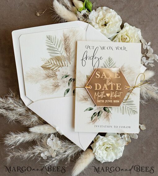 DATEN MERKEN Acrylgoldmagnete Personalisierte Gold Acryl Hexagon Save the Date Magnet und Karte, Elfenbein Hochzeit Save The Dates Plexi Magnete, Hochzeit Boho Save The Date Karten