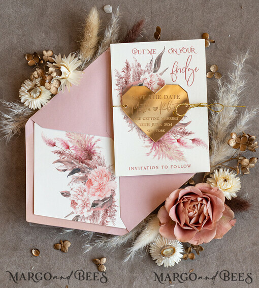 DATEN MERKEN Acrylgoldmagnete Personalisierte Blush-Pink Save the Date Acryl-Herzmagnet und Karte, Gold Blush Pink Herz Hochzeits-Save The Dates Acrylmagnete, Save The Date Karten mit Herzmagnet