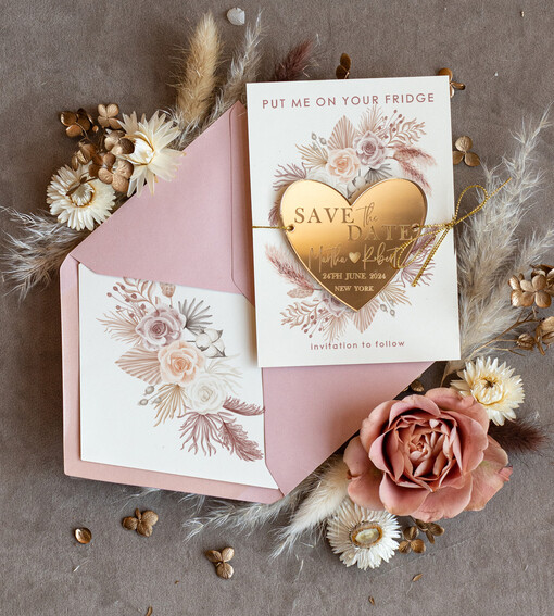 DATEN MERKEN Acrylgoldmagnete Personalisierte Blush Pink Save the Date Acryl Herzmagnet und Karte, Gold Blush Pink Herz Hochzeits-Save The Dates Acrylmagnete, Save The Date Karten mit Herzmagnet