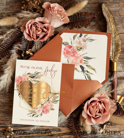 DATEN MERKEN Acrylgoldmagnete Personalisierte Herz Save the Date Acryl-Tag Magnet und Karte, Gold Terrakotta Geometrisches Herz Hochzeit Save The Dates Acrylmagneten, Boho Save The Date Karten