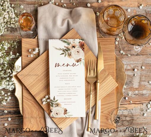 TEMPLETT  
 Hochzeitsdrucksachen Rustikales Hochzeitsmenü-Vorlage, essbare Menüvorlagen, Sofort-Download Boho-Hochzeitsmenüs, Gartenhochzeitsmenü druckbar, boho10