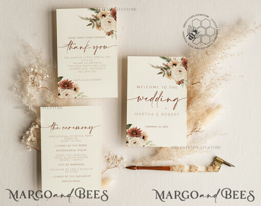 TEMPLETT  
 Hochzeitsdrucksachen Boho Hochzeitsprogramm Vorlage, Minimalistische Dienstanordnung, Druckbare Zeremonie, DIY Programmkarte, Sofortiger Download, Bearbeitbarer Text, WBoho10