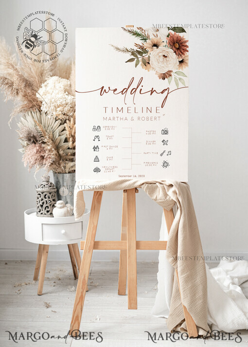 TEMPLETT  
 Hochzeitszeichen Boho Hochzeitszeitplan Ereignis-Schild Vorlage, Herbst Zeitplan Ereignis-Schild, Druckbare Zeitlinie, DIY Hochzeits-Schild, WBoho10