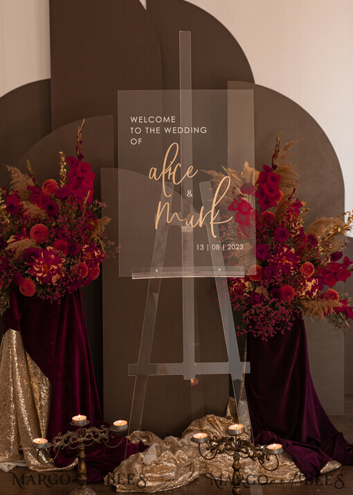 TISCHPLÄNE UND WILLKOMMENSCHILDER FÜR HOCHZEITEN Plexi Gold / Samt Luxuriöses klares und goldenes Hochzeits-Willkommensschild, goldene Hochzeitsdekoration, personalisiertes Hochzeits-Schild, Hochzeitsboard, Willkommens-Hochzeitsboard