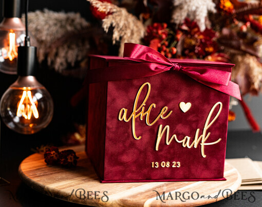 KARTONBOXEN  
 Samtkartenboxen Burgunder Karte Box, Kastanienbraune Hochzeitskartenbox mit Deckel, Marsala Hochzeitsgeldbox, Hochzeitskartenbox mit Schlitz
