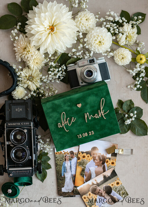 FOTOALBUM/ FOTOBOX Velvet Foto Box Fotografen Box Smaragdgrüne Samt-Fotobox Fotograf Hochzeitsgedächtnisbox, Grünpflanzen individuelle Andenkenbox, Gartenfotograf Geschenke für Kunden, Hochzeitsbilder Verpackung, individuelle Fotografiebox
