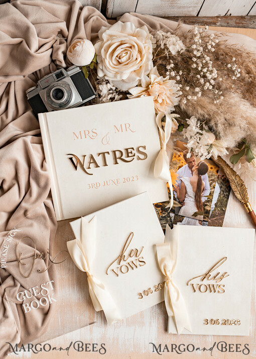 HOCHZEITS-GÄSTEBÜCHER Bundle Gustbooks & Vows Set Elfenbein Golden Bundle Personalisierte Hochzeitsgästebuch & Maßgeschneiderte Hochzeitsgelübde Set von zwei - Bundle Gästebuch und Gelübde Bücher