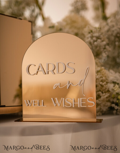 TISCHDEKORATIONSCHILDER   Gästebuch & Karten Geschenke Schilder Acrylbogenkarten und Wünsche-Schild, goldenes Acrylschild, Gold-Plexi-Schild, luxuriöse Hochzeits-Tischdeko, personalisierte Hochzeitsbeschilderung goldene Spiegelkarten-Schild