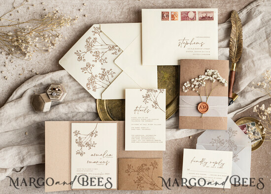 HOCHZEITS EINLADUNGEN rustikal / Landhausstil / Shabby Chic Natürliche Babyatmen Blumen Hochzeitsinvitation Suite, minimalistische rustikale Hochzeitsinvitationen Set, umweltfreundliches Einladungset, Beige moderne Boho Hochzeitskarten. 02/rusG/z