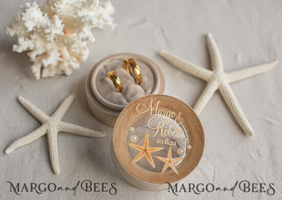 RINGTRÄGERBOXEN & KISSEN Epoxidharz Trauringe Box Hochzeitsstrand-Ringbox, gravierte Hochzeitsringbox • personalisierte rustikale Ringbox • echte Seestern Luxus-Ringbox 06/flowerM/box