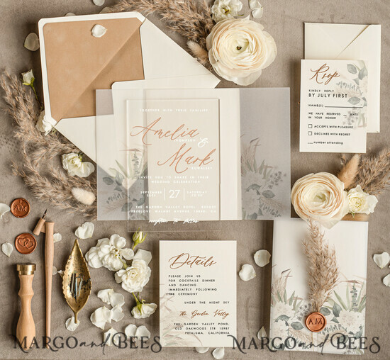 HOCHZEITS EINLADUNGEN blumig / Boho / Aquarell Pampasgras Acryl Hochzeitskarten, Boho Nude Natürliche Hochzeitsinvitation Suite, Acryl Elegante bohemian Hochzeitsstationery Minimalistische Hochzeitskarten 01/AGNboho/z