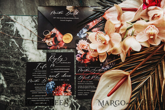 HOCHZEITS EINLADUNGEN blumig / Boho / Aquarell Beste Hochzeitskarten, bohemian Papeterie, schwarze Boho-Hochzeit. 01/blackflowers/z