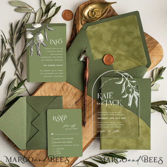 HOCHZEITS EINLADUNGEN blumig / Boho / Aquarell Italienisches Hochzeitsset, Olive Arch Hochzeitskarten, Hochzeitskarten für Hochzeiten im Ausland in Griechenland, Samt olivgrüne Hochzeitsstationery. 03/ACGNMvel/z