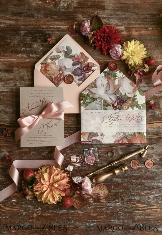 HOCHZEITS EINLADUNGEN blumig / Boho / Aquarell Hochzeitseinladungset elegant mit kalligraphischem Druck floralen pastellpfirsich 10/peaches/z