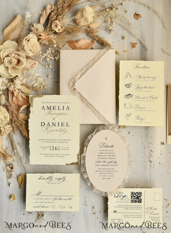 HOCHZEITS EINLADUNGEN vintage Spitze / rustikale Spitze Luxus-Hochzeitseinladungen in einer warmen Beige- und Nude-Farbpalette. 02/laceSer/z