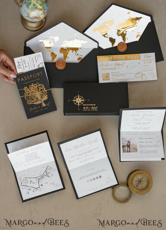 HOCHZEITS EINLADUNGEN Pass zur Liebe / Strandhochzeits-Einladungen Gold Weiße Schwarze Reisepass Hochzeitskarte, Goldene Hochzeitskarten Bordkarte, Reise Reisepass Hochzeitskarten im Ausland, Zielhochzeitseinladungen, Reisekarten Hochzeitsstationery 05/passM/z