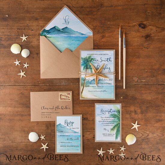 HOCHZEITS EINLADUNGEN Pass zur Liebe / Strandhochzeits-Einladungen Tropische Strandhochzeitseinladungen, Seestern Aquarell Strandhochzeitseinladungen, Mexiko Hochzeitskarten 02/beach/z