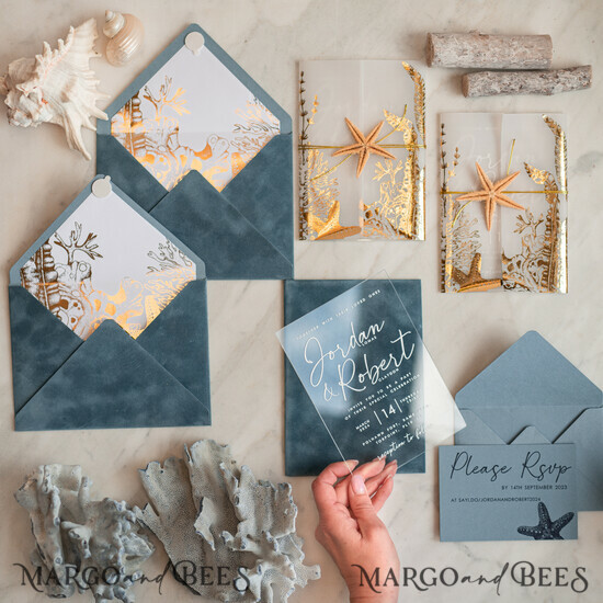 HOCHZEITS EINLADUNGEN Pass zur Liebe / Strandhochzeits-Einladungen Strand Acryl Hochzeitskarten Vellum Gold Verpackung Hochzeits Einladungen mit Seestern Strandhochzeitskarten Samtumschlag 3/seaG/z