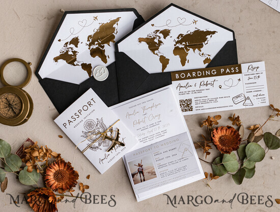 HOCHZEITS EINLADUNGEN Pass zur Liebe / Strandhochzeits-Einladungen Gold Weiß Schwarz Reisepass Hochzeitseinladung, Goldene Hochzeitskarten Boarding Pass, Reise Reisepass Hochzeitseinladungen im Ausland, Destination Hochzeitseinladungen, Reise-Karten Hochzeitspapier. 04/passH/z